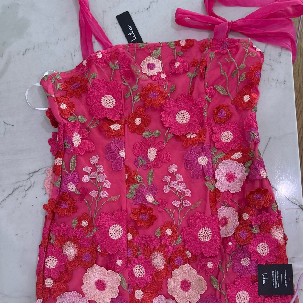 Lulu's Hot Pink Floral Mini Dress with Tie Strap Ribbons   Brand New’ Adorable!